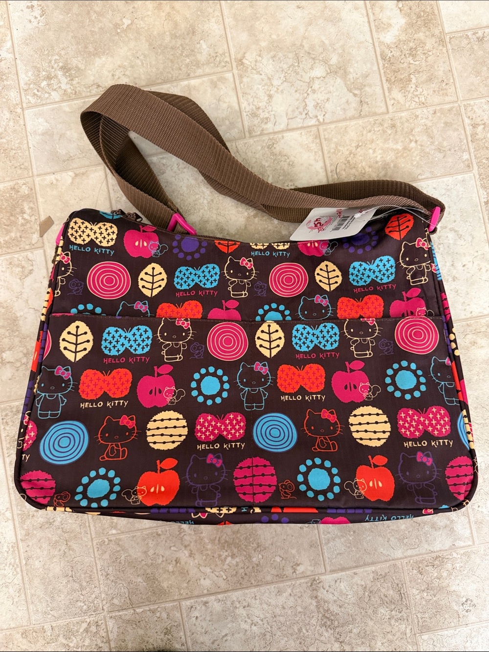 Hello Kitty Brown Crossbody Bag with Multicolor Apple & Circle Print